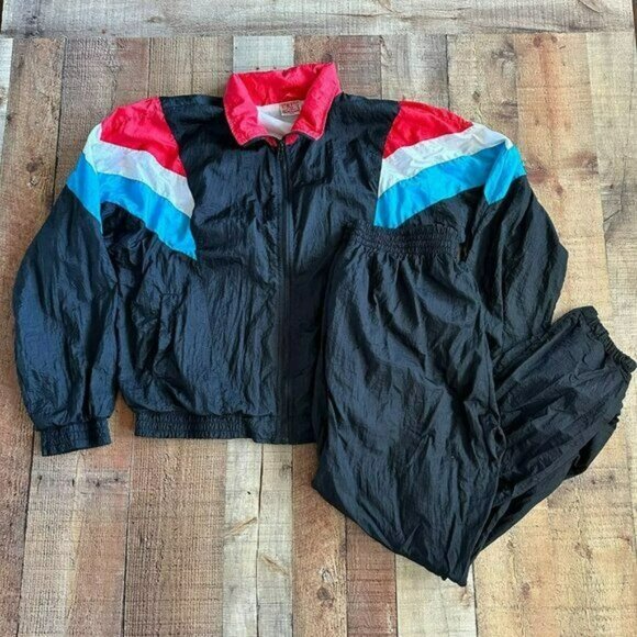 Vintage 90's lightweight full zip color block jacket and pant set track suit